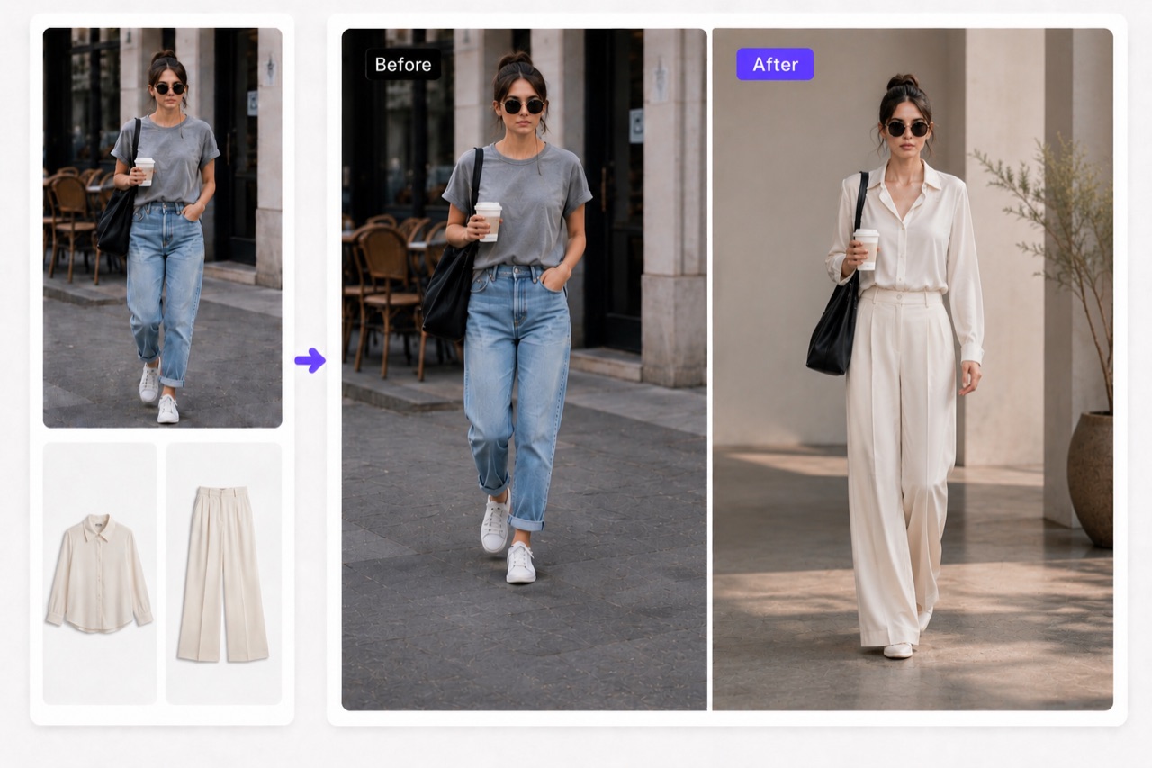 Before and after where both the outfit and the background were changed — a busy street restyled into a clean, minimal scene