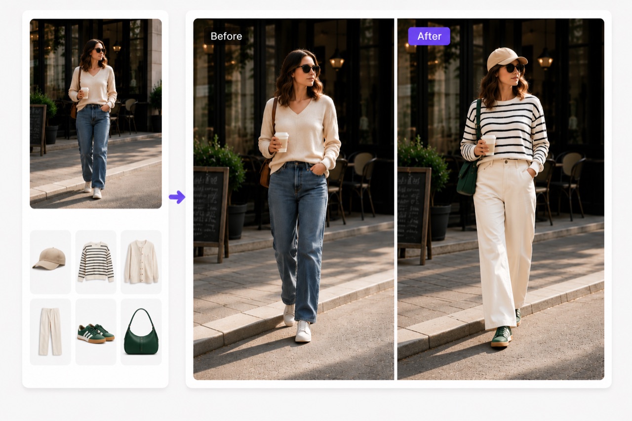 Before and after of a full multi-garment outfit swap — striped sweater, cream trousers, cap, sneakers, and bag all changed at once
