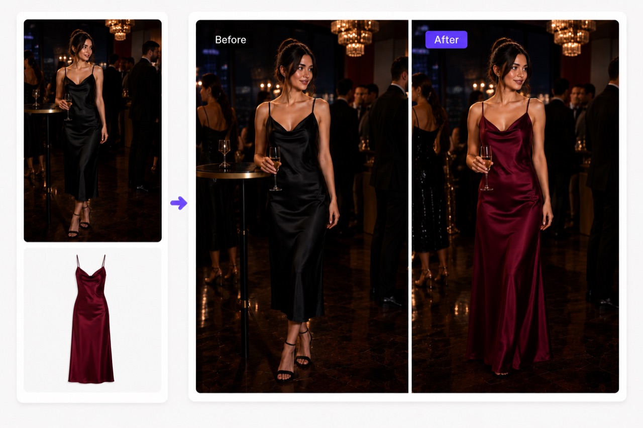 Before and after evening-dress swap with fabric drape, folds, and venue lighting preserved